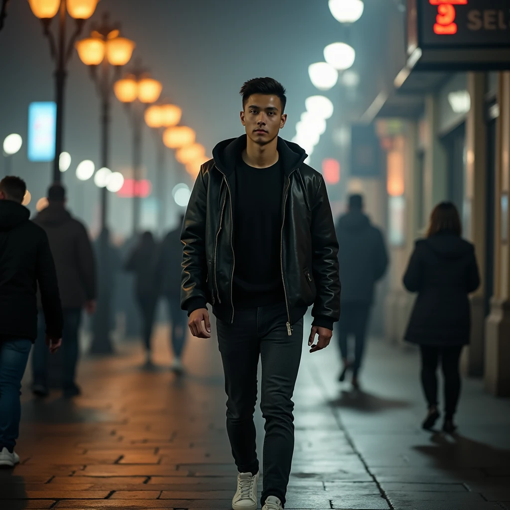 Young skinny asian man with neat short hair combed side, wearing black tshirt, leather jacket bomber with hoodie, black jeans and white sneakers. Walking on sidewalk, dramatical street lamp light, with misterious misty cityscape. other Pedestrian is walk by at the distance. Other Pedestrians move make a motion blur effect, but high detail on main subject