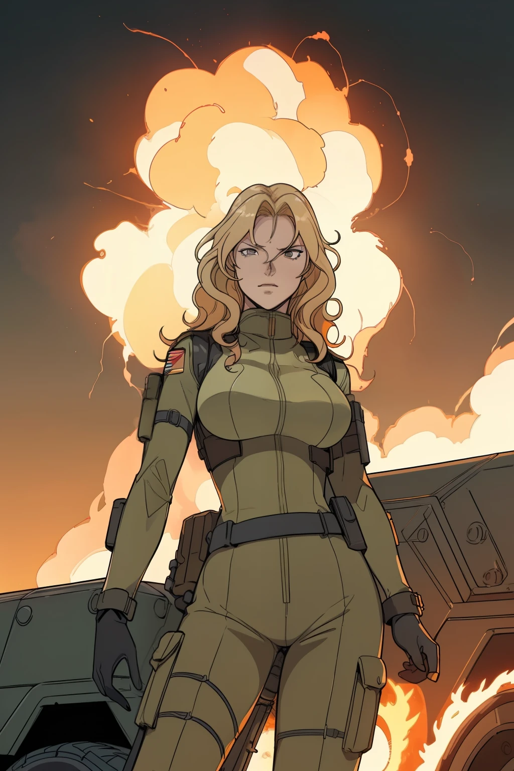 Woman with blonde, wavy hair cascading down her back, big breasts accentuated by her tactical military vest, positioned boldly amidst a chaotic dessert landscape filled with military vehicles and the ferocious tongues of flames from the cataclysmic explosions of explosive bombs. The scene, painted in high-contrast hues, showcases photorealistic details with a touch of abstract psychedelic neon accents that shiny on the burned metal of the military vehicles and the glowing orange fire. The woman's posture exudes confidence and strength as she gazes coolly into the distance, standing outstanding against the backdrop of this hostile environment. The image, a master