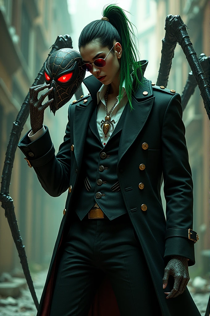 create a villain who is a
Arachnid humanoid with long hair that reaches his waist tied in black with green highlights. He wears a jacket that reaches his knees with buckles. He has a dress shirt with long blue sleeves, also with black dress pants, with black boots as well. He has about 6 completely red eyes, he has spider legs on his back and he has a necklace in the shape of a spider. His hands also have claws. His skin is gray. He has a spiderman mask on his right hand. He also has sunglasses. green aviator