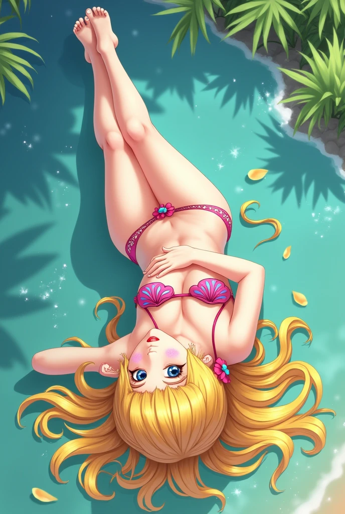 Blond anime girl laying on herr back wearing bikini and herr feet are in the air