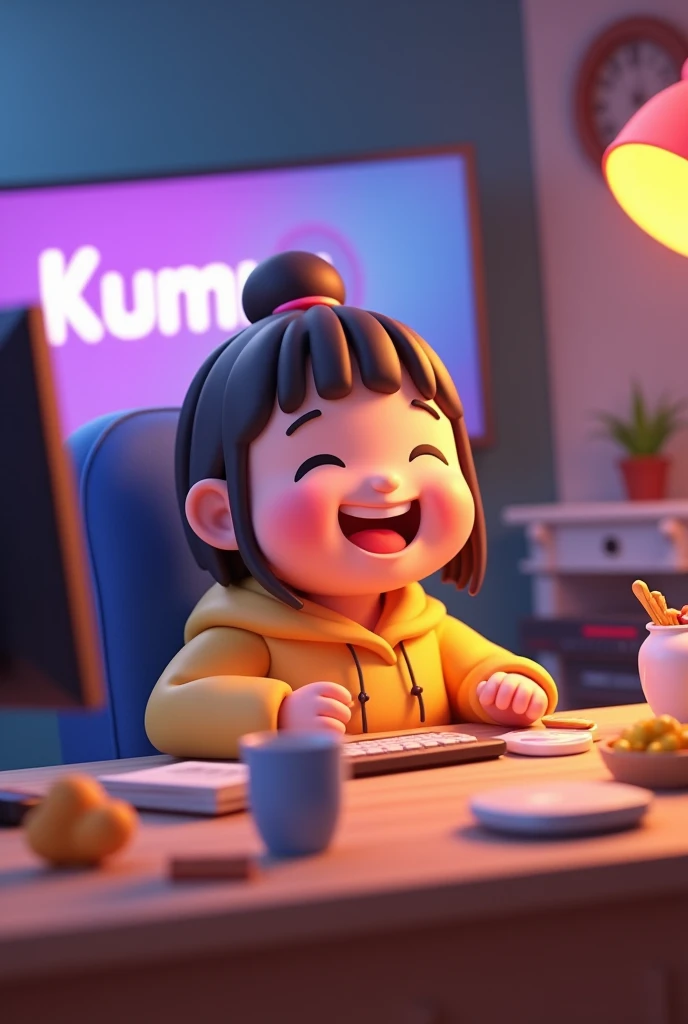 chubby cheeks guy then at studio streaming
And have snacks at the right side of table and have words of the background kumu streaming
Make it cartoons 3d just a little chubby show more