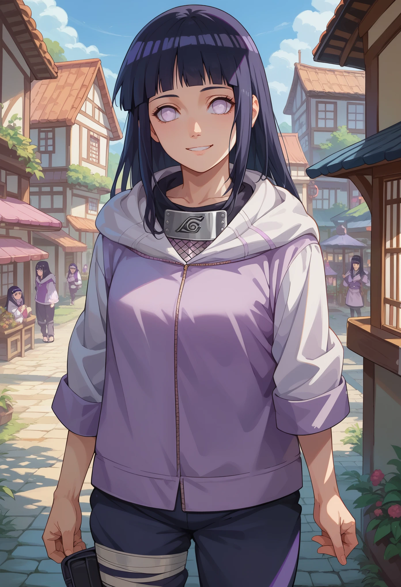 score_9, score_8_up, score_7_up, 1girl solo, hinataSDXL, long hair, black hair, purple eyes, white eyes, pants, hood, hood down, forehead protector, konohagakure symbol, hyuuga hinata,  standing, smiling, looking at you, tradicional village