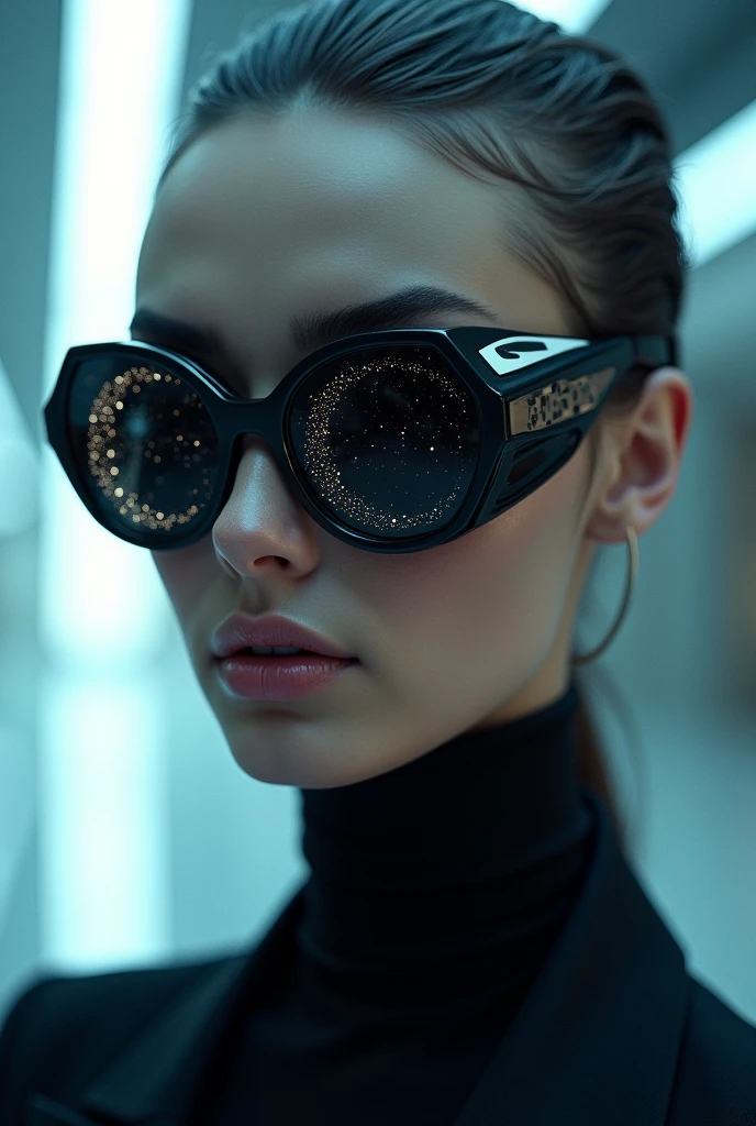 The model is wearing glass sunglasses with stars and the moon on the glass