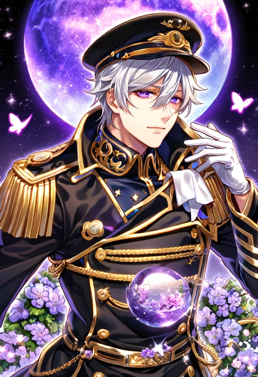 absurdres, highres, ultra detailed, HDR, master piece, best quality, Ayanami, light-gray hair, messy hair, hair between the eyes, expressive violet eyes, 07 Ghost, solo, sexy man, handsome, sensual, adult, military uniform, black coat with golden trimmings, white gloves, black cap, fantasy, black gloves, magical, shining, purple flowers, blossoms, water, purple petals, purple butterflies, sparkling, purple moon, starry sky