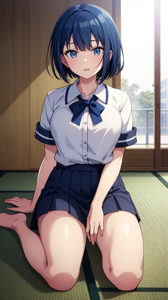 one girl, naive, school blazer, necktie, short hair, small breasts, girl focus, beauty, cat ears, erotic face, open mouth, foggy, drowsy, hypnosis, erotic upperbody, stare at me, bedroom, unconsciousness, lick my penis, licking oral, nsfw, nsfw, plaid skirt