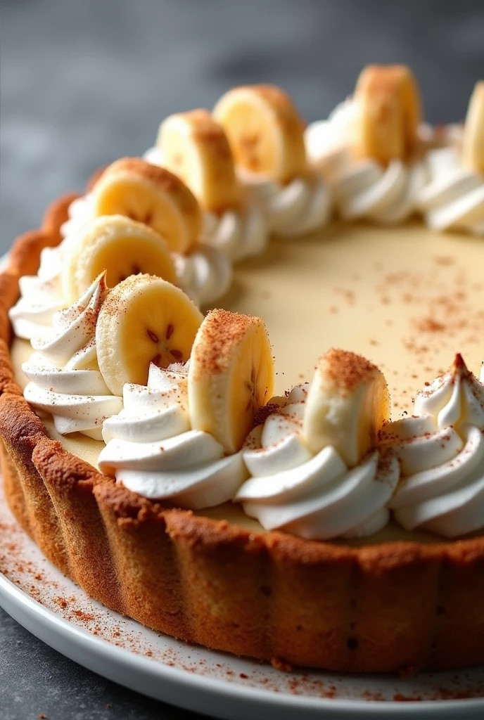 banoffee banana and cinnamon pie ,round ,circular ,whipped cream