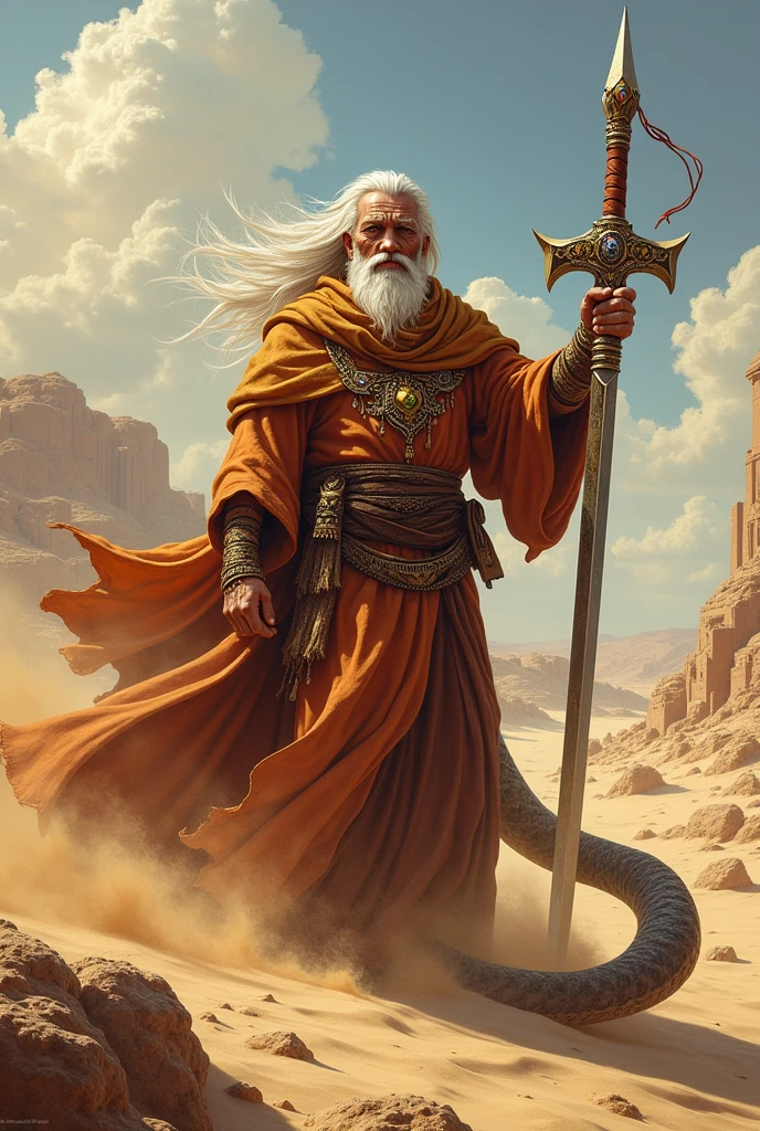 Desert mage wielding a scimitar controlling sands and with giant desert cobra