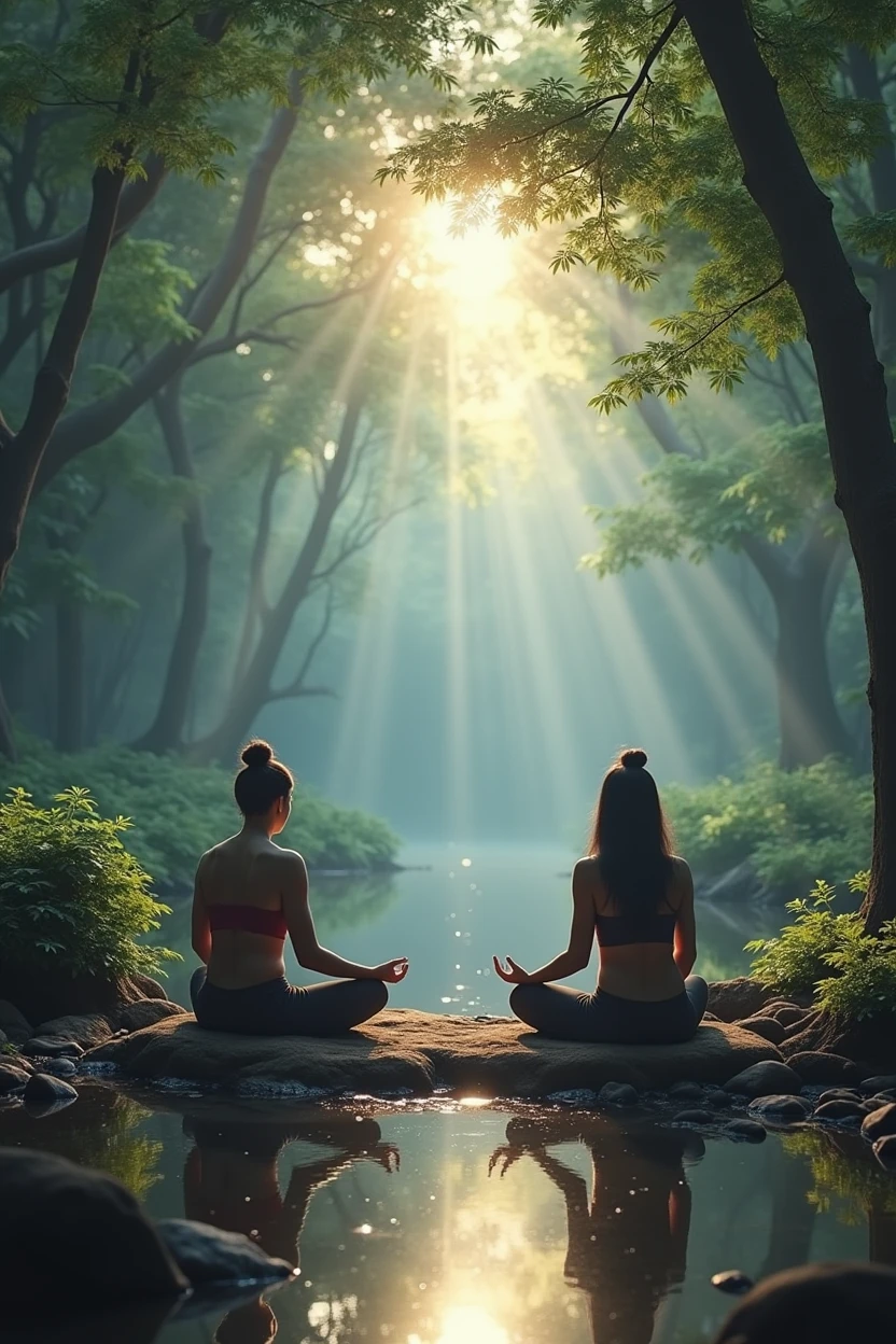 give me 2 asians meditating sitting in a big astral temple full of nature