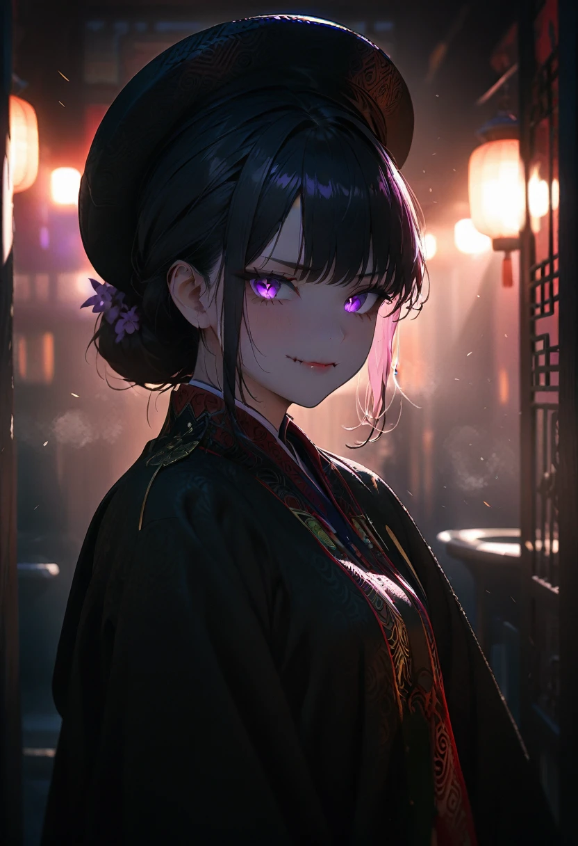 (masterpiece, best quality:1.2), super detailed, extreme detailed, portrait, 1girl, solo, beautiful face, short black hair with bang, glowing purple eyes, detailed eyes, pretty lipstick, spider fangs, smirk, evil expression, standing, nhat binh clothing, hat, long sleeves, wide sleeves, white fog background, East Asia Theme, soft focus, (cowboy shot), lens flare, DeepNegative_xl_v1