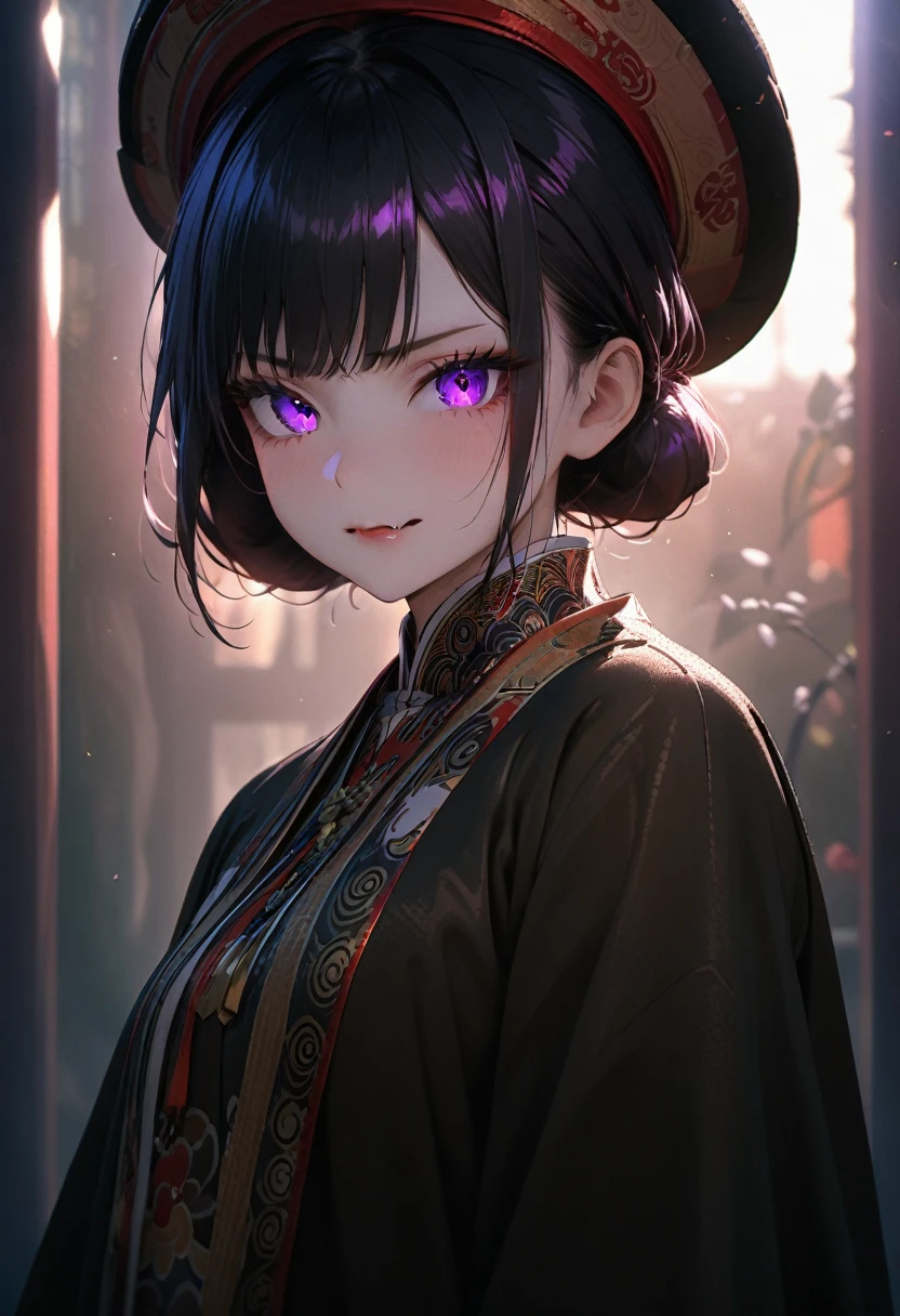 (masterpiece, best quality:1.2), super detailed, extreme detailed, portrait, 1girl, solo, beautiful face, short black hair with bang, glowing purple eyes, detailed eyes, pretty lipstick, spider fangs, smirk, evil expression, standing, nhat binh clothing, hat, long sleeves, wide sleeves, white fog background, East Asia Theme, soft focus, (cowboy shot), lens flare, DeepNegative_xl_v1