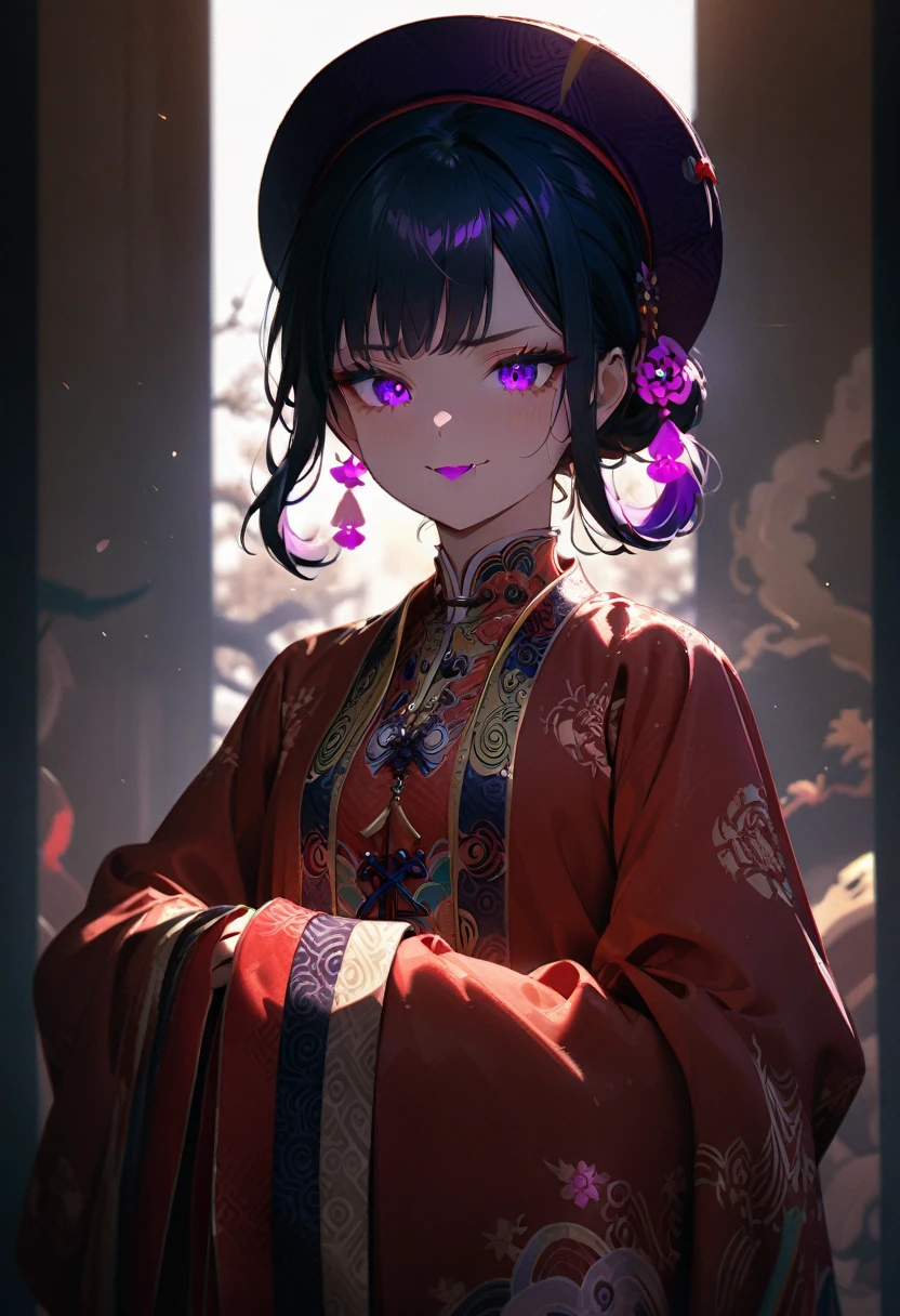 (masterpiece, best quality:1.2), super detailed, extreme detailed, portrait, 1girl, solo, beautiful face, short black hair with bang, glowing purple eyes, detailed eyes, pretty lipstick, spider fangs, smirk, evil expression, standing, nhat binh clothing, hat, long sleeves, wide sleeves, white fog background, East Asia Theme, soft focus, (cowboy shot), lens flare, DeepNegative_xl_v1