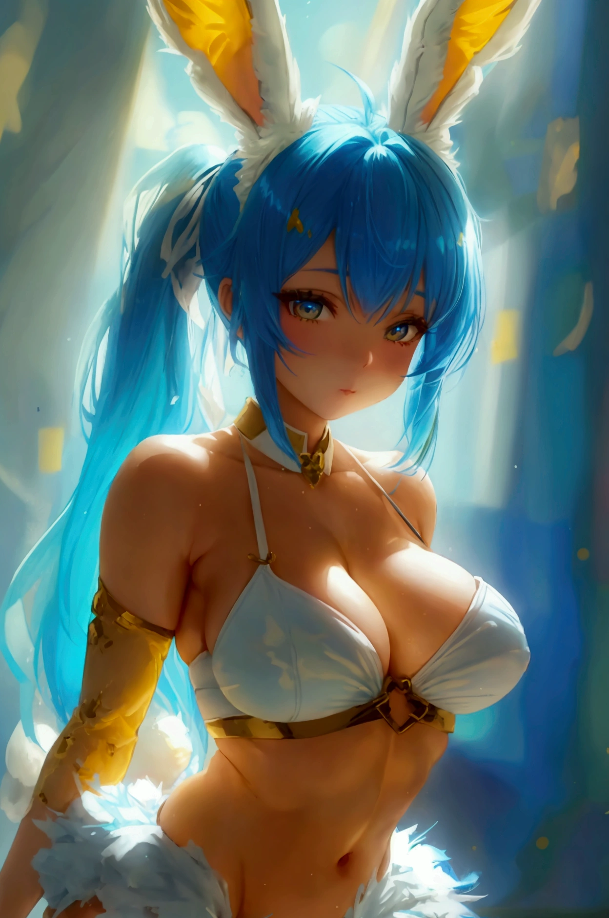 Lop bunny girl, ponytail blue hair, blue bunny tail, curvy body, short, thick muscled thighs, yellow irises, pretty face, smooth, high detail, blue bunny ears.