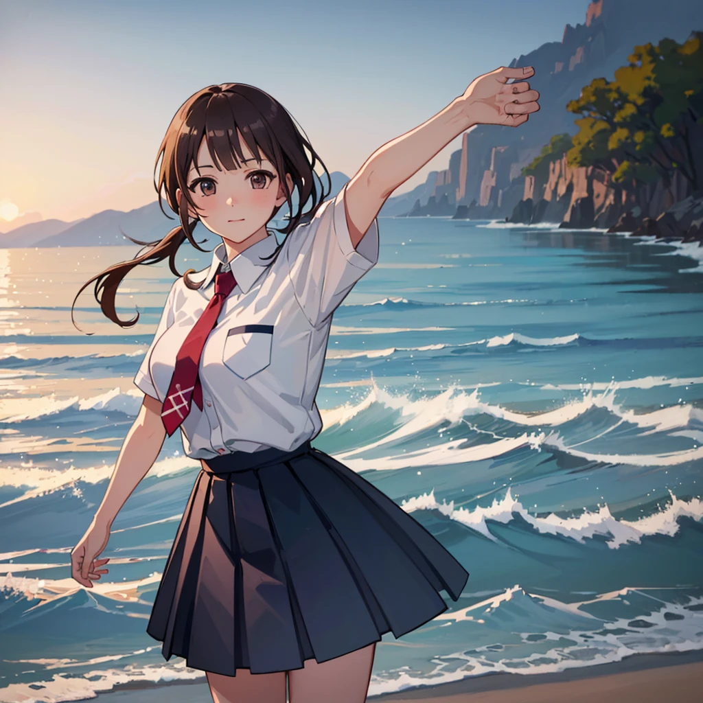 ((Highest quality,masterpiece)),(16K,Ultra-high resolution,Ultra-high resolution,Super detailed),high angle,from front,Okitasawa looks directly at the viewer on a summer evening beach,white shirt, short sleeves, red necktie, blue skirt,shy,red cheek,standing,Perfect Face, Perfect Eyes,cowboy shot