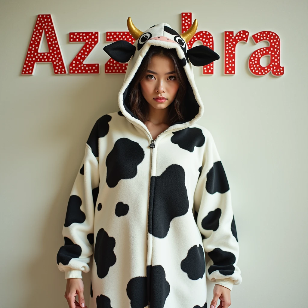 A woman in a cow costume poses for a photo, the spotty text "Azzahra" on the wall, inspired by Edo Murtich, tumblr, gorgeous long dress model, anime Barbie doll, ultra-realistic cute bunny girl inspired by Nier : automata