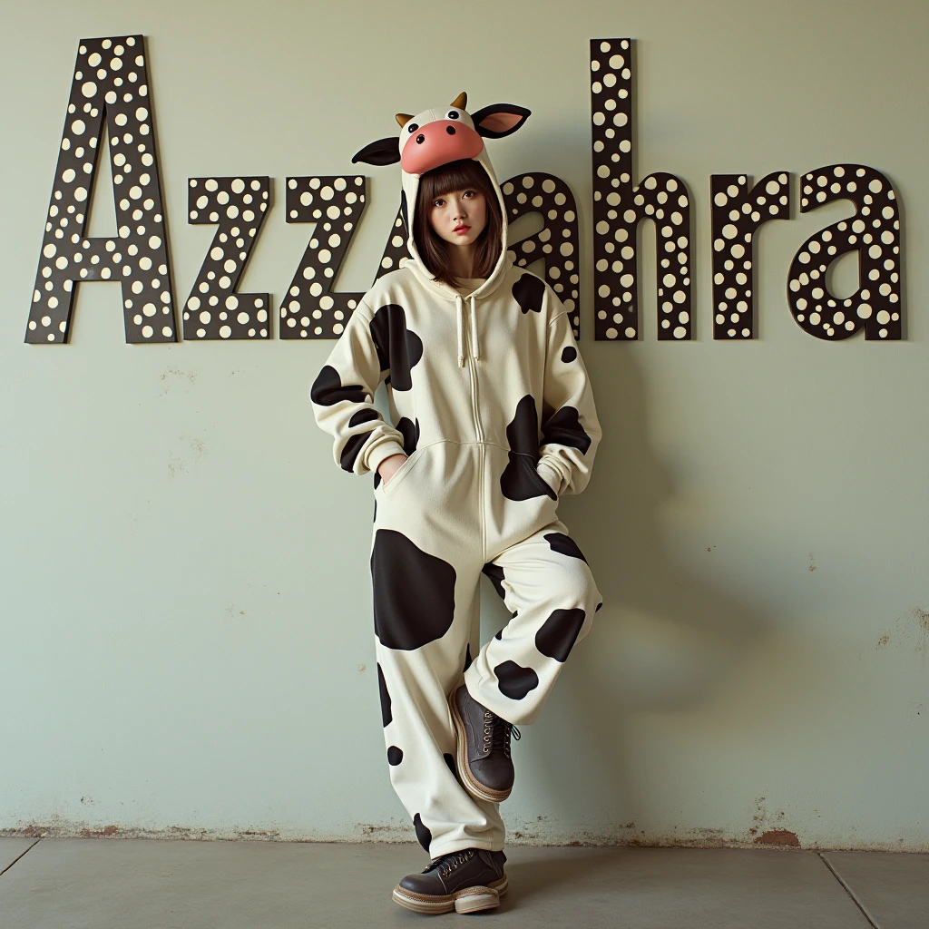 A woman in a cow costume poses for a photo, the spotty text "Azzahra" on the wall, inspired by Edo Murtich, tumblr, gorgeous long dress model, anime Barbie doll, ultra-realistic cute bunny girl inspired by Nier : automata