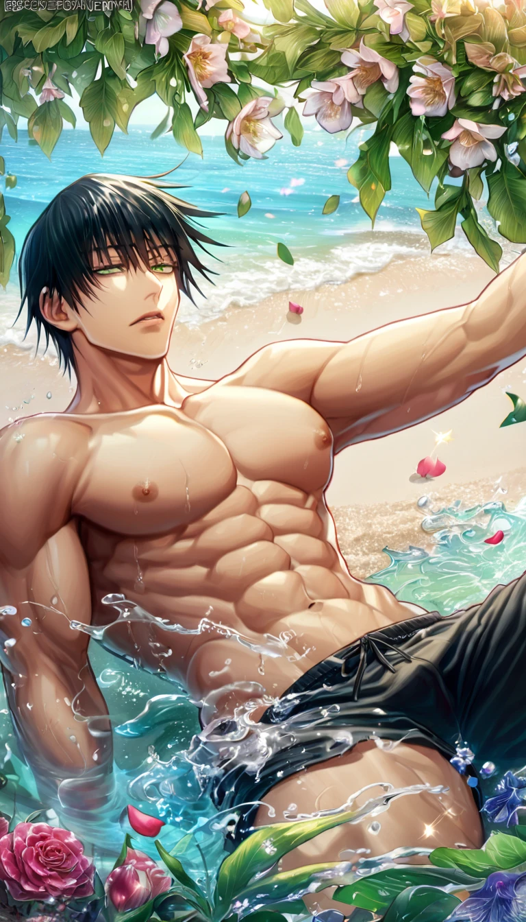 （1 Adult male），A high resolution， Sharp focus， Pixiv masterpiece， （（Complicated details））， highly detailed， natsuki_subaru， 1 man，perfect male figure, wet yourself, wet white shirt, transparent shirt, wear a tie, wear a belt, drenched, legs spreading, cock bulging, all wet