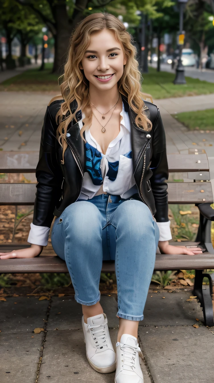 High resolution, 8k wallpaper, Beautiful Caucasian Woman、Full body photo、,Leather jacket sitting on a park bench、shirt、Skinny jeans、sneakers、、Necklace around the neck、 blonde 、Wavy Hair、ear piercing、smile、Beautiful teeth alignment、