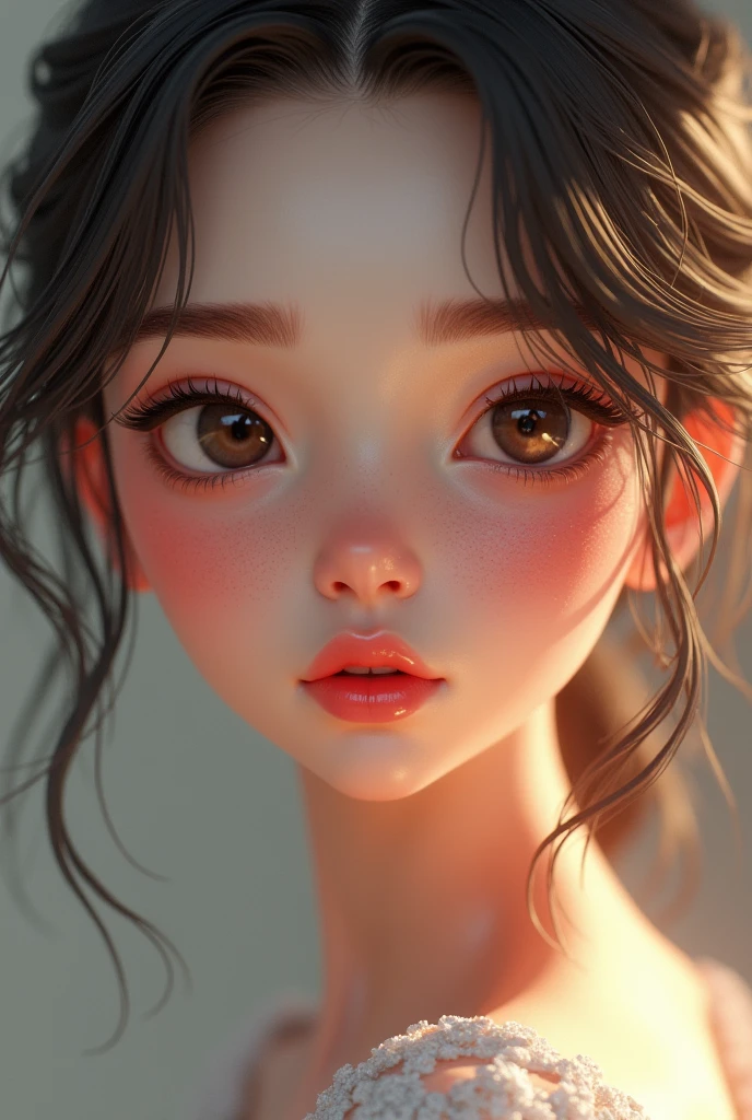 3d animated sharp image face of beautiful girl in the face detailing (Christel, shimmer, Pearls, shine skin, pigment skin, glossy pink lip, hyper realistic) make the face amazing