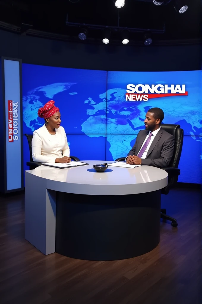 I run a media and communication consultancy firm. The name of my firm is Songhai Media Network Limited. Our includes setting up a Television Broadcasting services. Generate images for our firm's broadcasting station office to be in Abuja showing our staff in a Live interview with a male Nigerian politician being interviewed by an Hausa lady. Let the images making the the studio looks like Al Jazeera Newsroom while showing the name SONGHAI NEWS