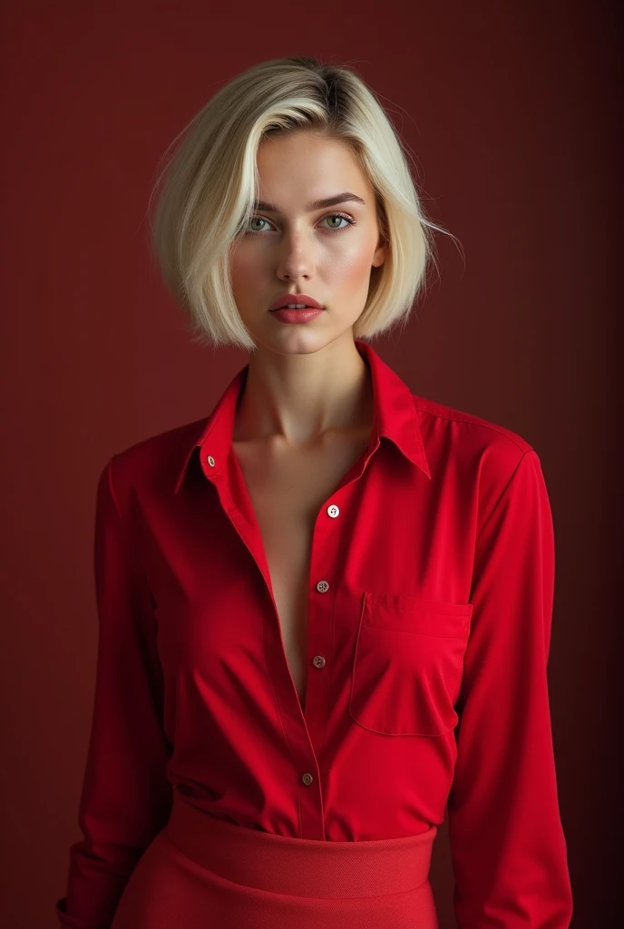 professional, (4k photo:1.1) by (Jeremy Lipking:0.3), (Dittmann Anna:0.3), (Arian Mark:0.3), (Sharp focus:1.3), high detail (front view), wearing (tight shirt:1.2), tight micro skirt, red, beautiful detailed face, (stylish bob haircut)1.2 blonde hair, (attractive young woman:1.3), (seductive:1.1), (blushing:1.1), hourglass body shape, natural breasts, (wide hips), (braless) pokies, cleavage, upper body with visible face