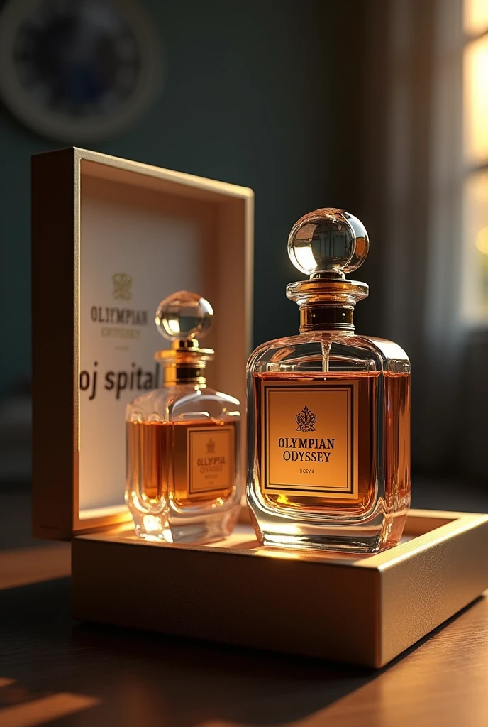 two realistic perfume bottle with logo with name Olympian Odyssey a unique design in different angles inside a box as if in a magazine. create a background scenario.
