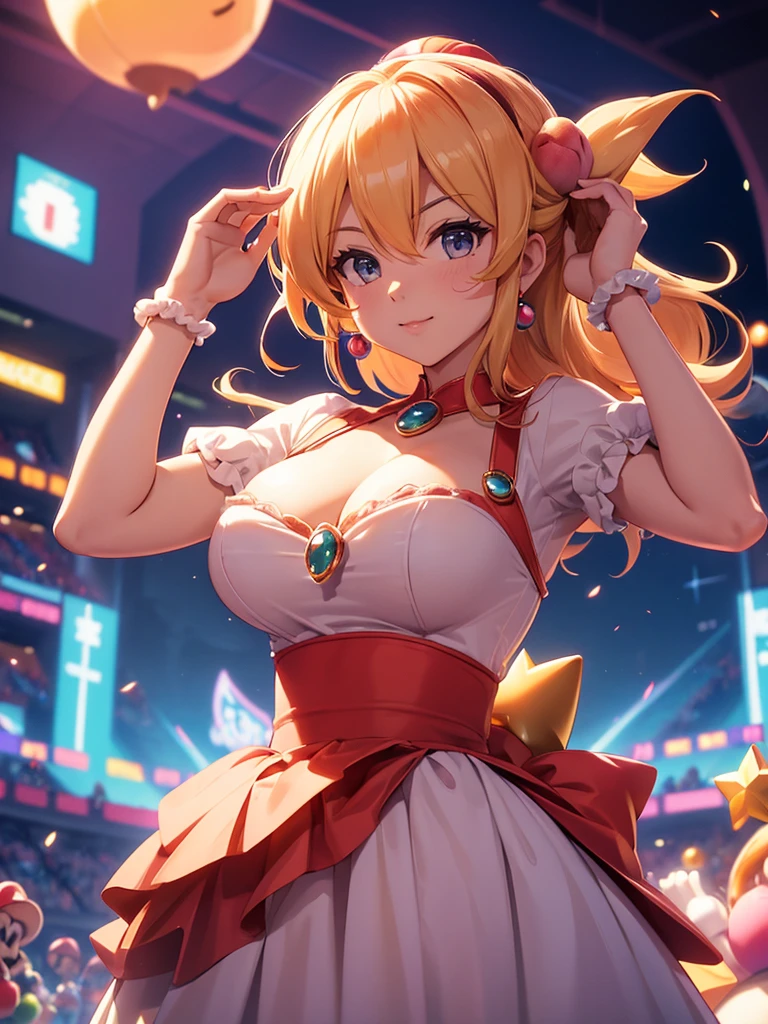 Anime illustration、highest quality、Short high school girl、first round、Kagamine Rin、Night Show、Illuminated by spotlights、Perfect proportions、Live music on the stadium stage、overwhelmingly big breasts、Beautiful, shining eyes、Cowboy Shot、smile、Excessive sweating、Noise Reduction