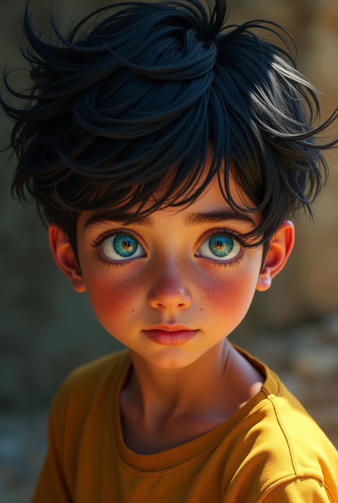 A boy with black hair with sun spots of 1.70 blue eyes and dark skin