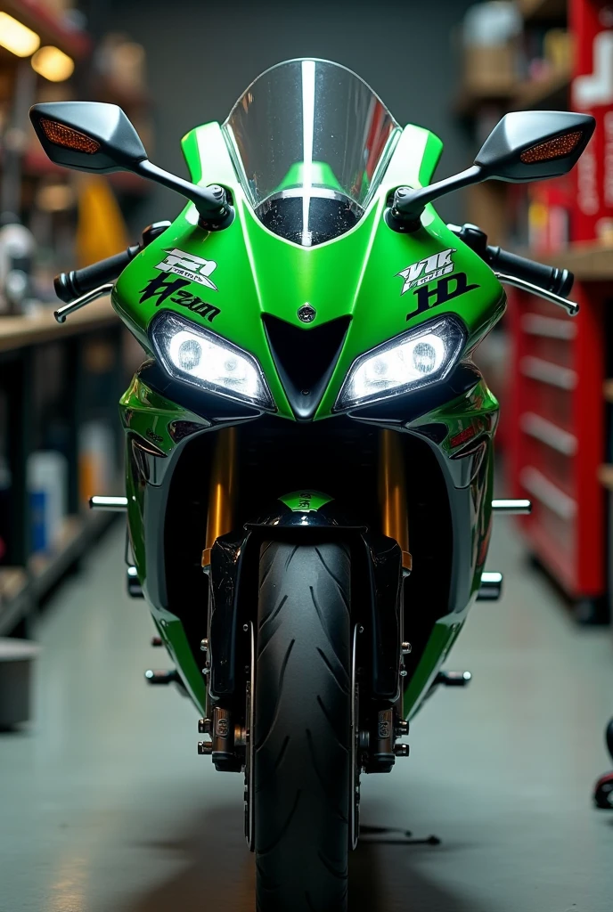 A Kawasaki H2r in a garage