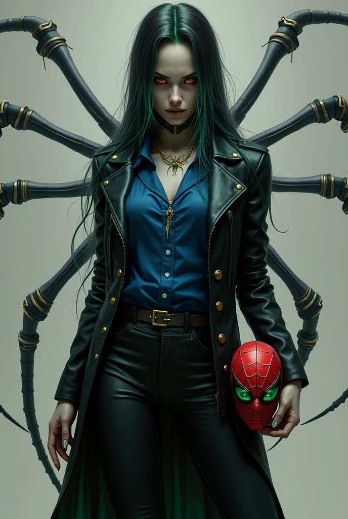 create a villain who is a
Beautiful arachnid humanoid with long hair that reaches to her waist, tied in black with green highlights. She wears a jacket that reaches to her knees with buckles. She has a dress shirt with long blue sleeves, also with black dress pants with black boots. He also has 6 completely red eyes, he has spider legs on his back and he has a necklace in the shape of a spider. His hands also have claws. His skin is gray. He has a spiderman mask on his right hand. He also has glasses. green aviator
