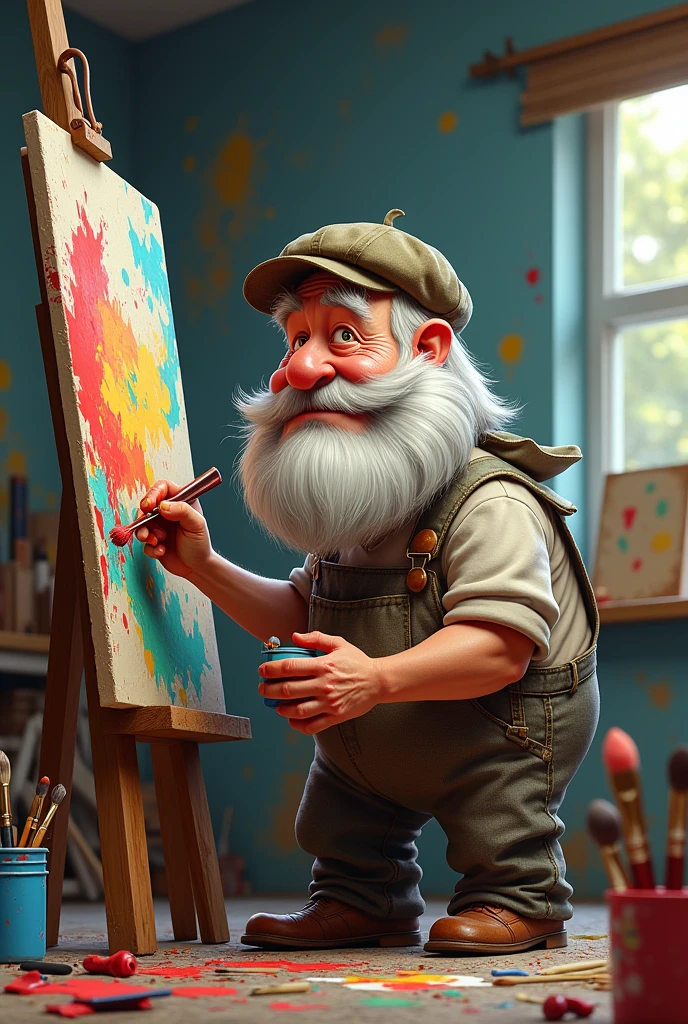 Caricature of a grey-haired painter in overalls