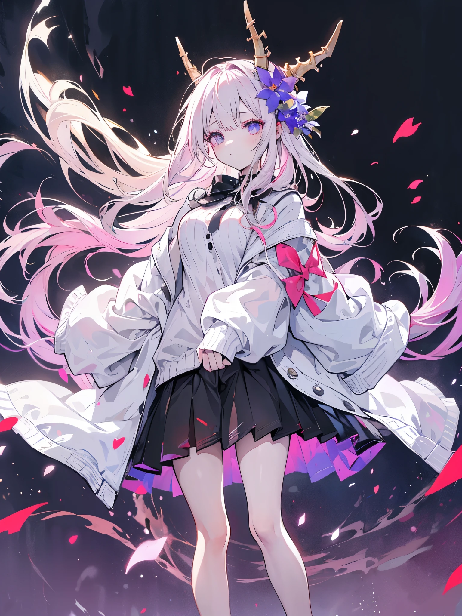 work of art, best qualityer, high resolution, hmsl1, hat with horns, hair flowers, x hair ornament, White sweater, jacket purple, flowers, long sleeves, clothes open, black bow, sleeves past the wrists, overskirt, cowboy shot, plein-air, Street, standing, (((face slightly upward with an air of superiority, bare feet)))
