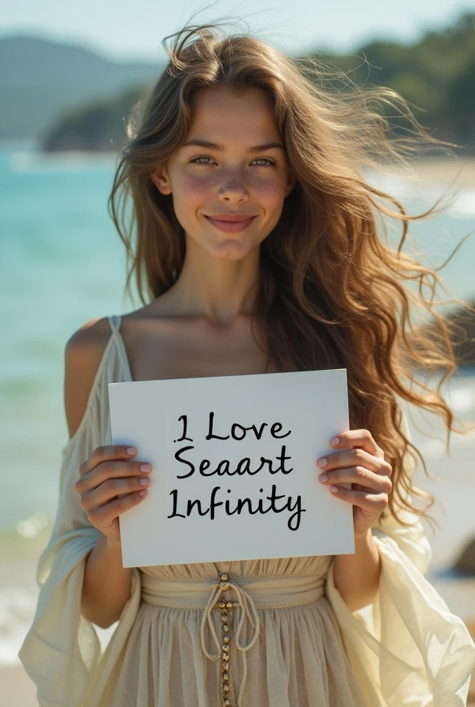 Beautiful girl with wavy long hair, bohemian dress, holding a white board with text "I Love Seaart Infinity" and showing it to the viewer