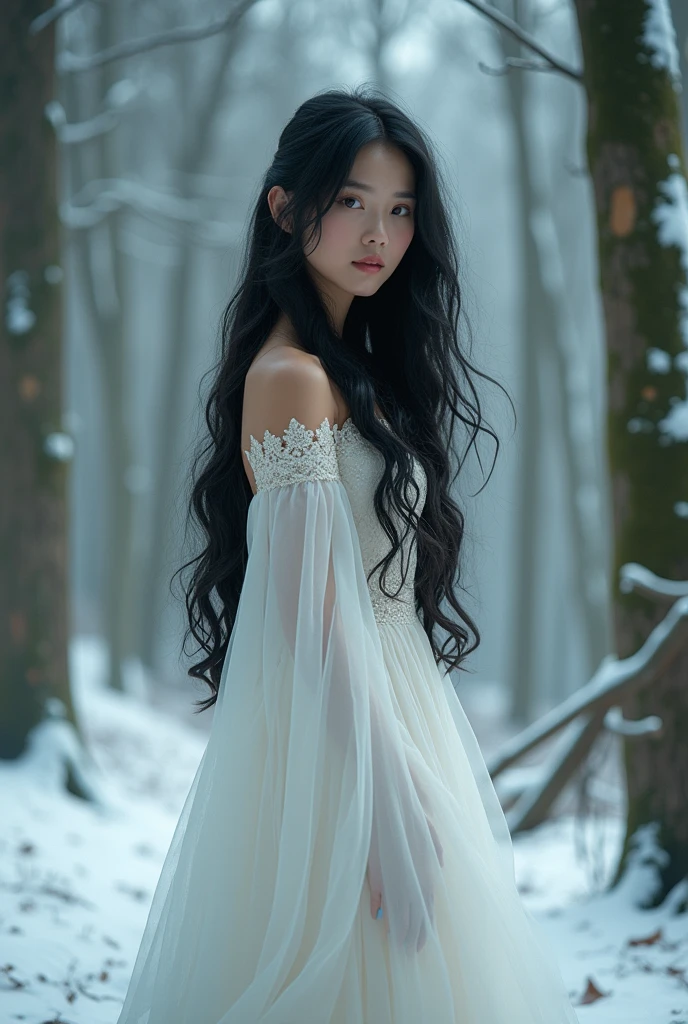 hyper-realistic, wide view, enchanting image of a beautiful young woman with long, flowing black hair, wearing an elegant, white snow dress. She stand gracefully in a mystical forest, surrounded by a snow, serene atmosphere. Trees around. The forest is filled with lush greenery, snow, and soft, ethereal light filtering through the trees. The woman's stand gentle expression.”