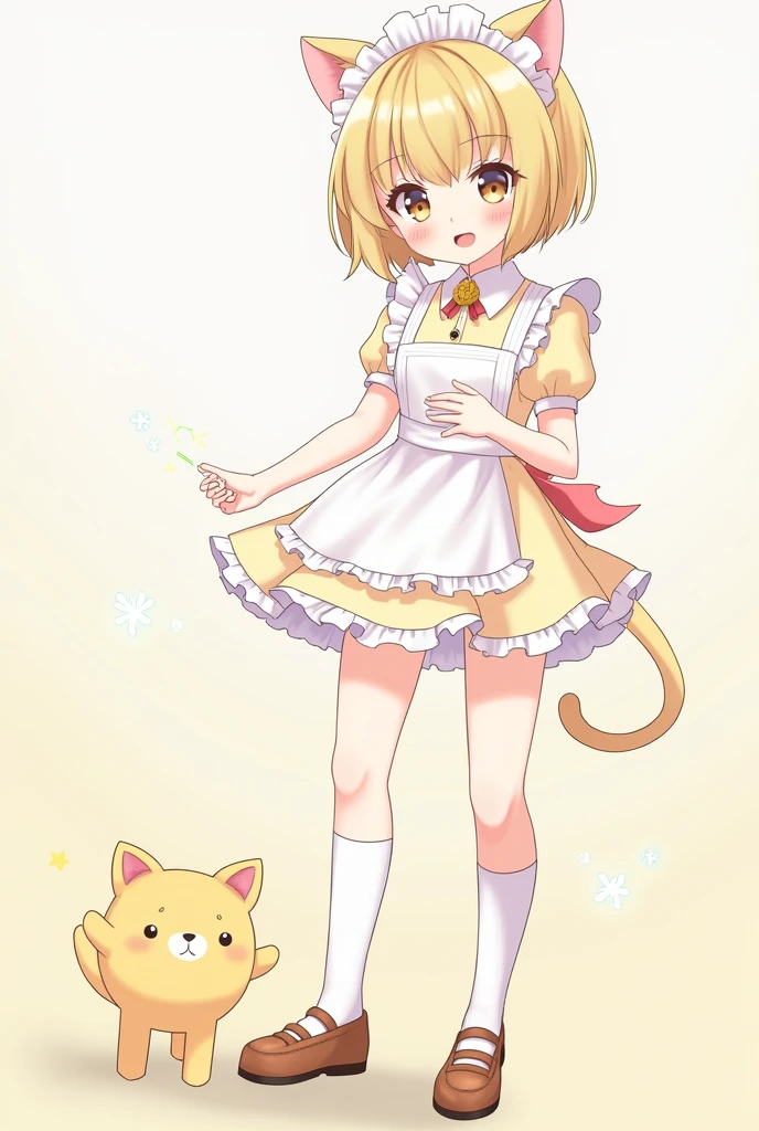 Blond anime girl wearing maid dress with cat eras and white knee socks , feet im Vordergrund 