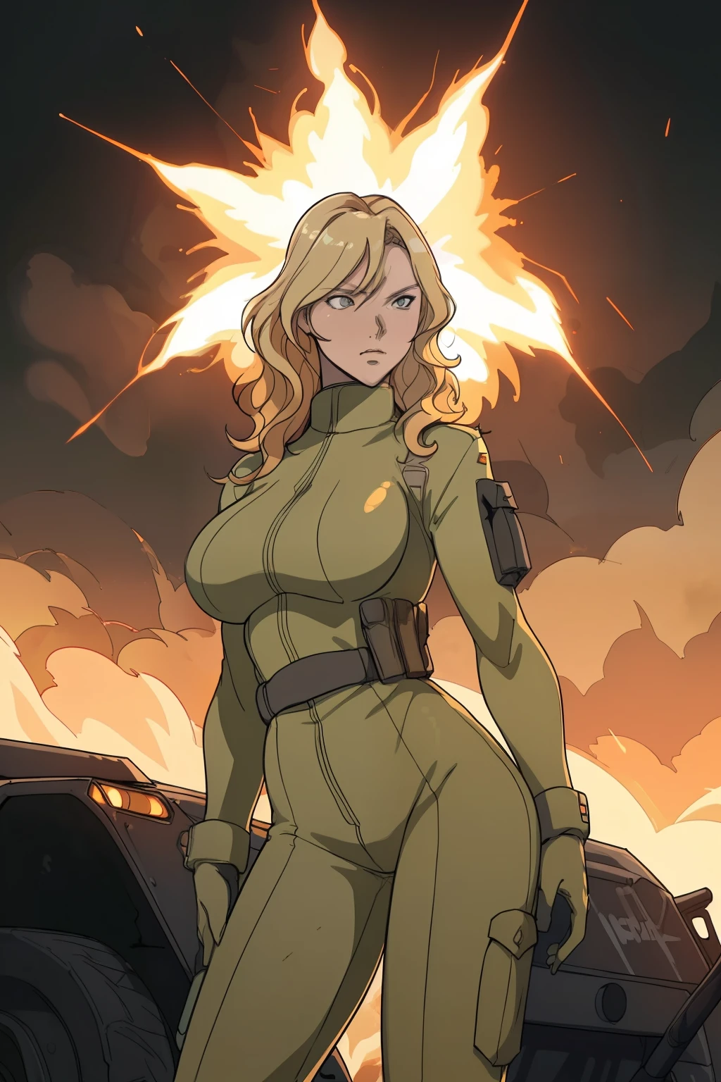 Woman with blonde, wavy hair cascading down her back, big breasts accentuated by her tactical military vest, positioned boldly amidst a chaotic dessert landscape filled with military vehicles and the ferocious tongues of flames from the cataclysmic explosions of explosive bombs. The scene, painted in high-contrast hues, showcases photorealistic details with a touch of abstract psychedelic neon accents that shiny on the burned metal of the military vehicles and the glowing orange fire. The woman's posture exudes confidence and strength as she gazes coolly into the distance, standing outstanding against the backdrop of this hostile environment. The image, a master