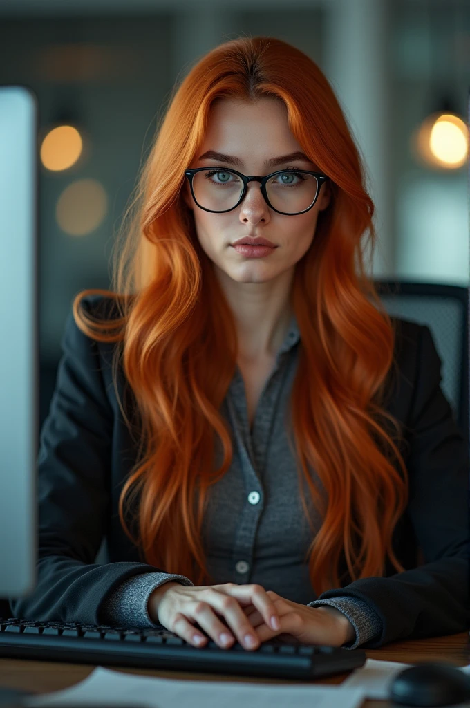 a gorgeous girl with long ginger hair, detailed eyes, nose, and lips, wearing professional outfit, glasses, athletic, siting in her office, using her computer, hp comuter (best quality,4k,8k,highres,masterpiece:1.2),ultra-detailed,(realistic,photorealistic,photo-realistic:1.37),HDR,studio lighting,extremely detailed face and body, portrait,cinematic lighting,dramatic lighting,warm color tones,dramatic colors
