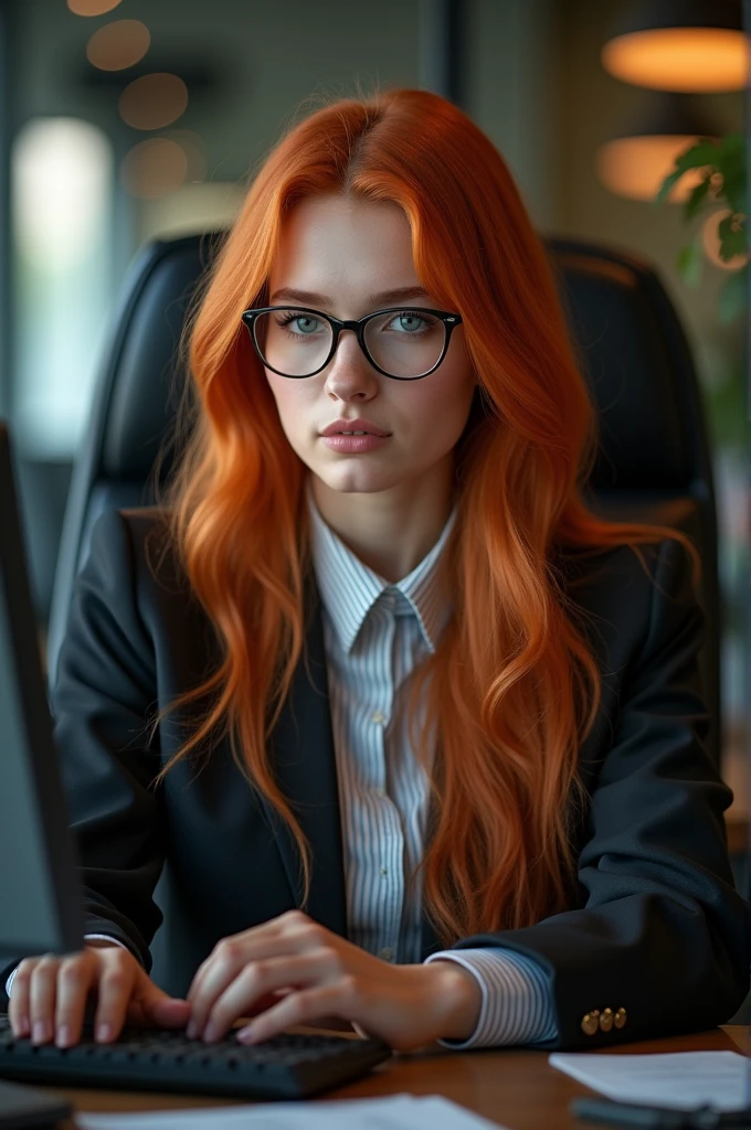 a gorgeous girl with long ginger hair, detailed eyes, nose, and lips, wearing professional outfit, glasses, athletic, siting in her office, using her computer, hp comuter (best quality,4k,8k,highres,masterpiece:1.2),ultra-detailed,(realistic,photorealistic,photo-realistic:1.37),HDR,studio lighting,extremely detailed face and body, portrait,cinematic lighting,dramatic lighting,warm color tones,dramatic colors