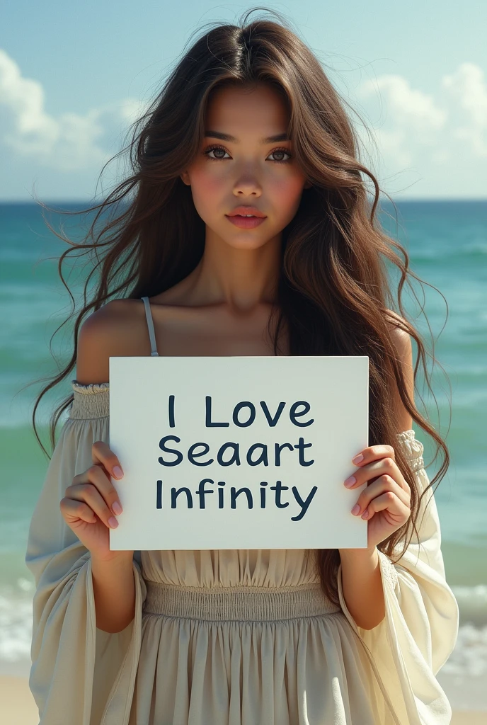 Beautiful girl with wavy long hair, bohemian dress, holding a white board with text "I Love Seaart Infinity" and showing it to the viewer