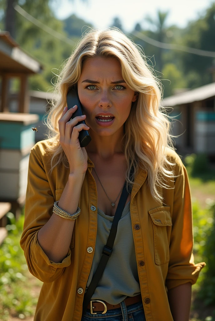 Generates an image of Maya Fritts, a 30-year-old blonde woman with light eyes talking on the phone with her mother. The scene takes place on a Colombian farm where bees are raised. The atmosphere is one of rage and suspense. It uses a realistic style. 