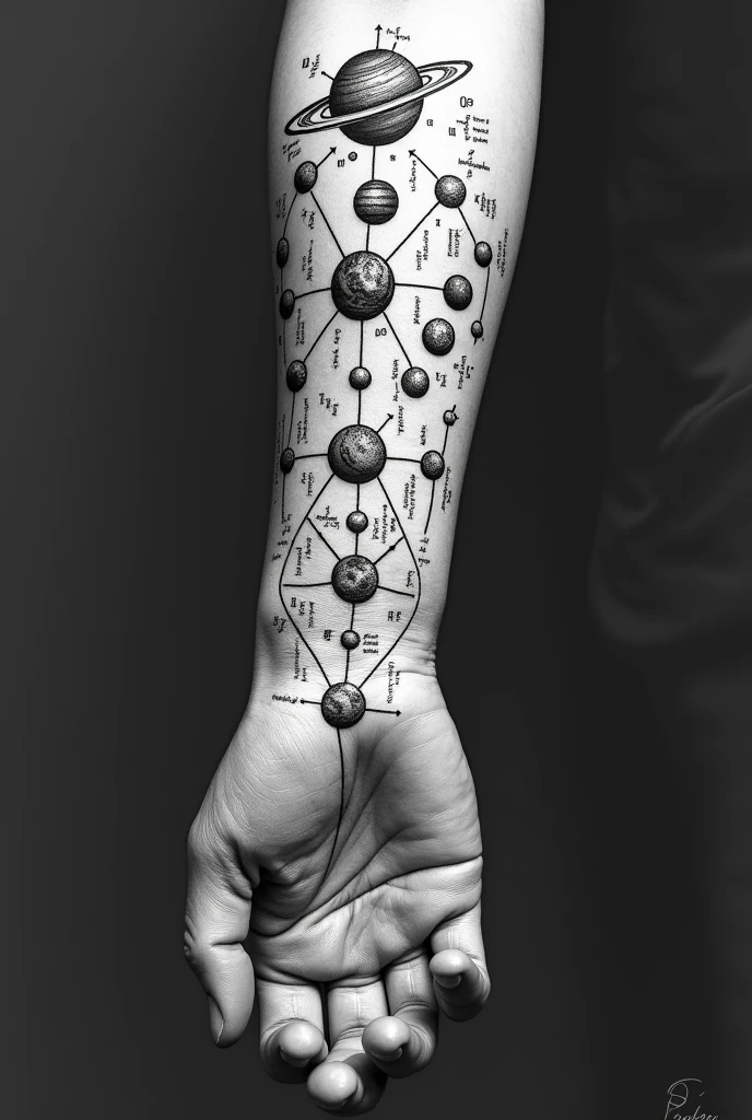 A black and white mental map of planets and phrases on the forearm 