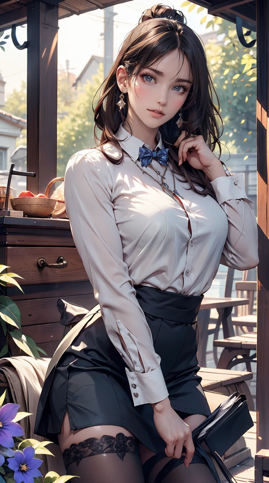 Highest quality, masterpiece,, figure, wallpaper,One girl, alone, , White shirt, Black Skirt, Light Hair, Semi-long hair, Beautiful detailed girl, Highly detailed eyes and face, Beautiful attention to detail, shy, nature_Lighting, shine,Browsing Caution, clean null, View your viewers, Outdoor, night null, star (null), loafers, Black Pantyhose, Blue bow tie, Straight hair, Purple petals, Purple and blue flowers, Red Eyes, ponytail, Blue Ribbon,Gray Hair, thick_Thighs, Large Breasts, Red eyes,Sexy proportions、Sexy、Narrow waist、necklace、Wear accessories on your wrist, laced high heels, full body shot, full body in frame, can see her feet all the way down