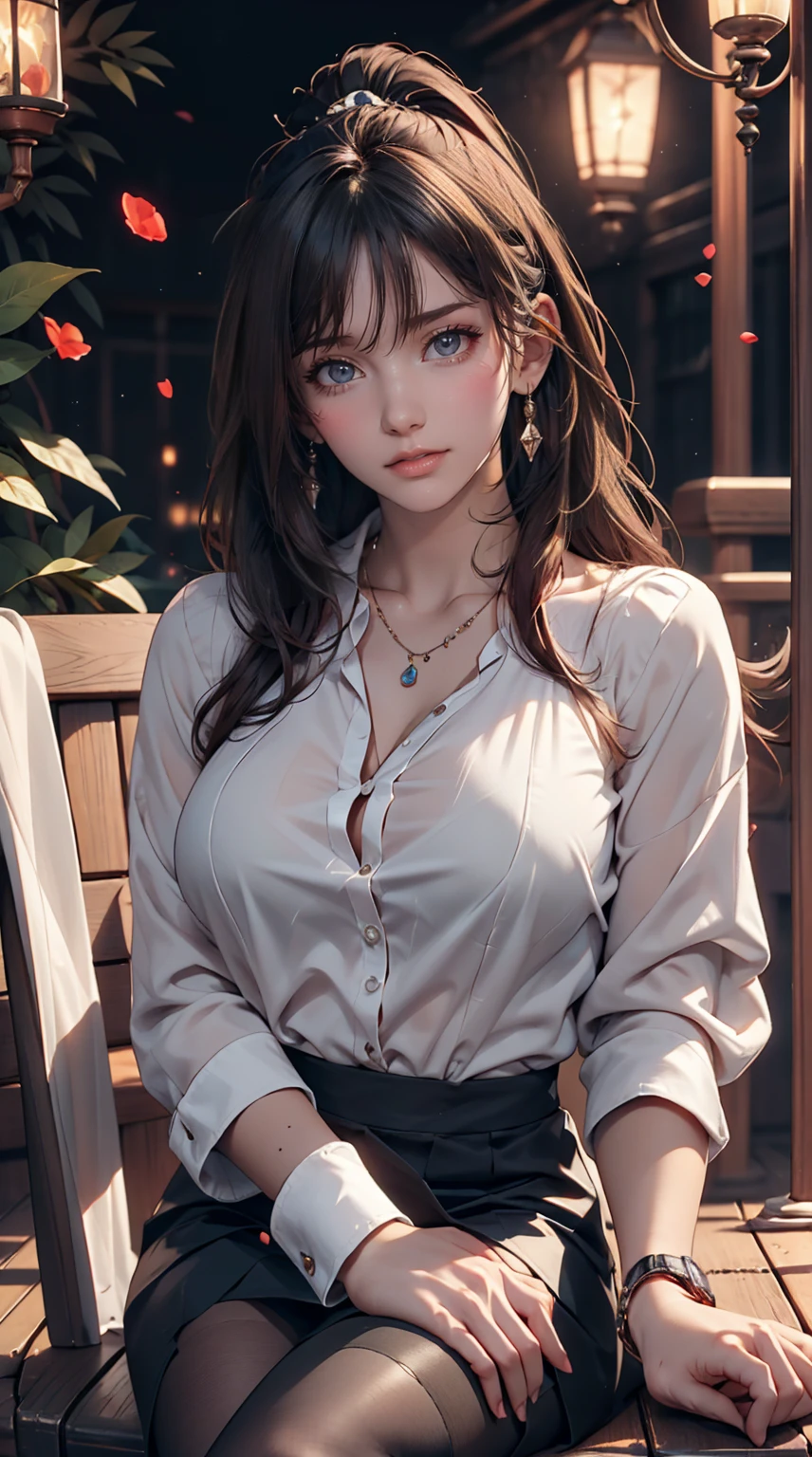 Highest quality, masterpiece,, figure, wallpaper,One girl, alone, , White shirt, Black Skirt, Light Hair, Semi-long hair, Beautiful detailed girl, Highly detailed eyes and face, Beautiful attention to detail, shy, nature_Lighting, shine,Browsing Caution, clean null, View your viewers, Outdoor, night null, star (null), loafers, Black Pantyhose, Blue bow tie, Straight hair, Purple petals, Purple and blue flowers, Red Eyes, ponytail, Blue Ribbon,Gray Hair, thick_Thighs, Large Breasts, Red eyes,Sexy proportions、Sexy、Narrow waist、necklace、Wear accessories on your wrist, laced high heels, full body shot, full body in frame, can see her feet all the way down