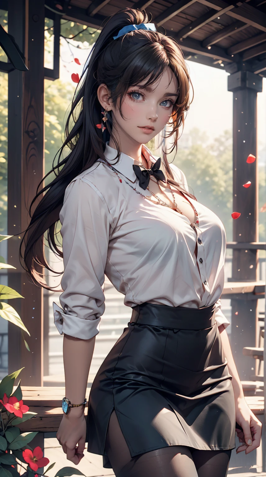 Highest quality, masterpiece,, figure, wallpaper,One girl, alone, , White shirt, Black Skirt, Light Hair, Semi-long hair, Beautiful detailed girl, Highly detailed eyes and face, Beautiful attention to detail, shy, nature_Lighting, shine,Browsing Caution, clean null, View your viewers, Outdoor, night null, star (null), loafers, Black Pantyhose, Blue bow tie, Straight hair, Purple petals, Purple and blue flowers, Red Eyes, ponytail, Blue Ribbon,Gray Hair, thick_Thighs, Large Breasts, Red eyes,Sexy proportions、Sexy、Narrow waist、necklace、Wear accessories on your wrist, laced high heels, full body shot, full body in frame, can see her feet all the way down
