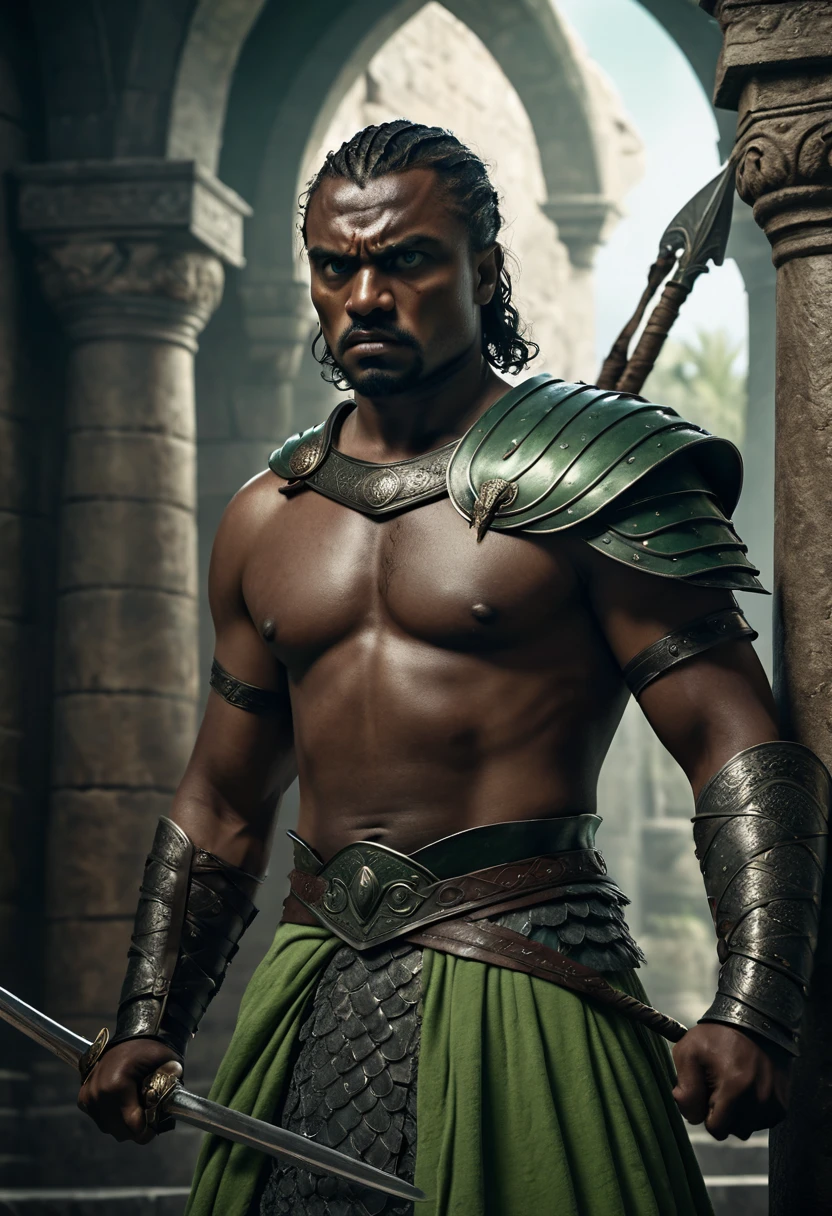 cinema poster, centered art, head and shoulders, 1 Warrior , standing alone, ((standing alone)), (((apenas um personagem))), Full body photorealistic A male warrior. slanted eyes. sculpted lips.middle-age. bonitas. in a castle. Dark skin with scales. light green eye. hair long black ((dynamic fighting pose)), rosto bonitas, fancy,wearing a toga, Game of Thrones,,  Game of Thrones, gothic colors, climate of tension and terror, Adobe Illustration, trends on ArtStation, 8k, Hard disk , master part, arte linda, details Intricate, cinematic lighting .