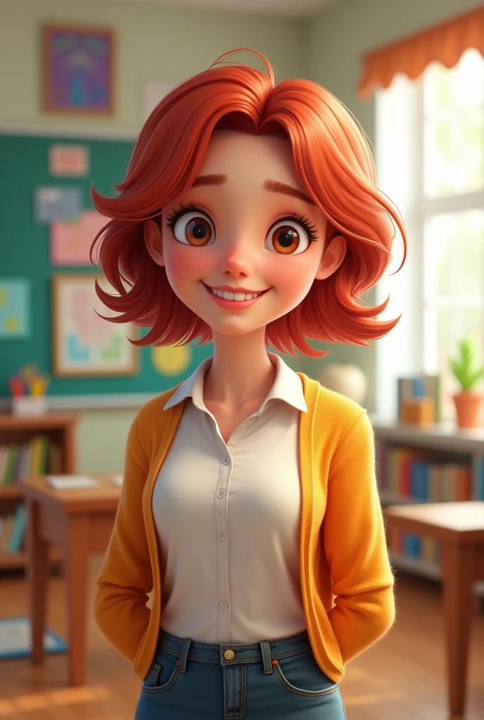 Elementary school teacher with short, shoulder-length red hair 
