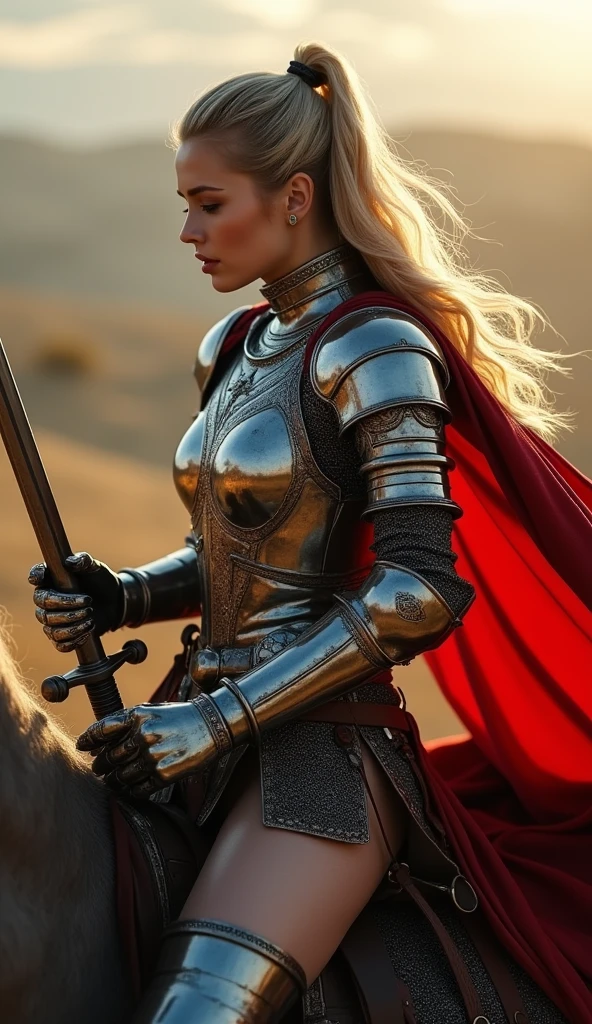  female rider wielding a sword on a battlefield , ((work of art, Maximum quality, high resolution, highly detailed 8K unified CG wallpaper)), (huge stunning photo of goddess, Very hot and sexy, jaw dropping beauty, perfect proportions, Body cute, Slim Body Beauty:1.3), (A medieval female rider in luminous armor:1.5), (Her long blonde hair is tied back, Wearing armor on bare skin, red cape on the back, used in finely crafted, detailed armor, with a sword hanging from a thick belt:1.5), visible thighs, from above view, female rider, 