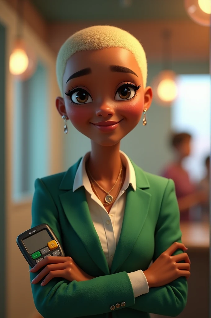 A beautiful 31-year-old Pixar-inspired girl with black skin, blonde bald hair, small earrings, wearing a green blazer, holding a Ton card machine in her hand and smiling. 
