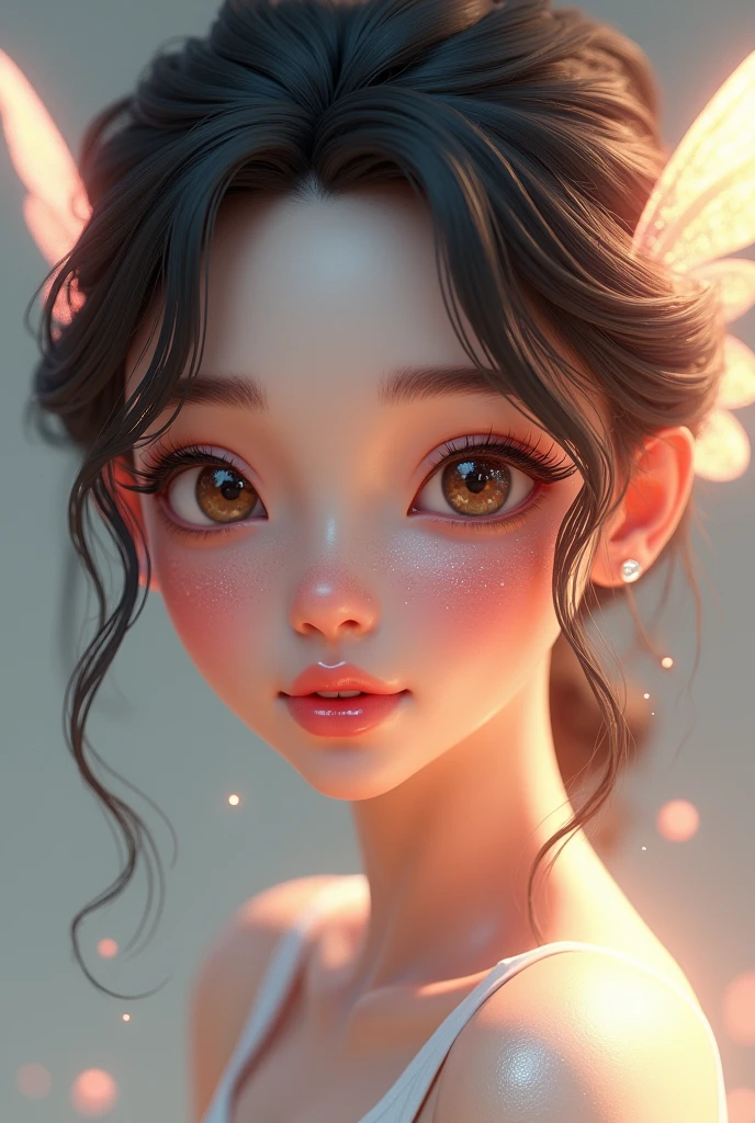 3d animated sharp image face of beautiful girl in the face detailing (Christel, shimmer, Pearls, shine skin, pigment skin, glossy pink lip, hyper realistic) make the face amazing  in her face she did her makeup with raw jowls like Cristal dimond and pigmentation also fairy wings 