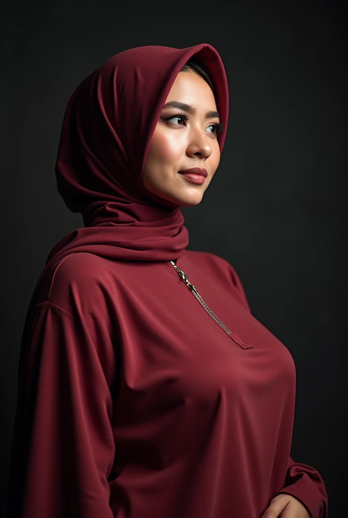 Vogue style side view portrait photo shoot of 45 years old indonesian woman in hijab wearing red bikini with pastel colored background in Wes Anderson style, side view, seducing pose, detail skin texture, big sagging breast, dark , camel toe, round firm breast, wide hips, thick thighs, flat belly, curvy, hyper - realistic photography, Wes Anderson style, full body, 8k, close - up shot, extreme close - up photo