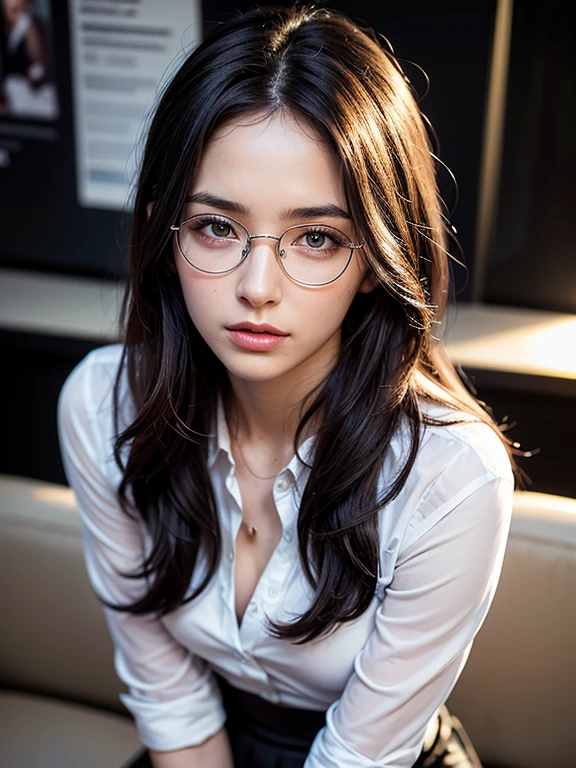 nsfw, (masterpiece:1.2, highest quality), (Realistic, photoRealistic:1.4), Beautiful illustrations, (Natural Side Lighting, Cinema Lighting), Written boundary depth, Beautiful thighs staring at the viewer, (((Face Focus, Upper Body))), 1 female, 30-year-old, alone, thin, slender, (small breasts), long Hair, Curly Hair, Forehead, Forehead, Forehead, Forehead, thin, slender, glasses, blouse, sexy pencil skirt, Are standing, ((Close-up)), ((Close-up)), ((Close-up))